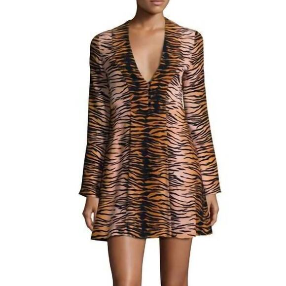 A.L.C. Brinkley Silk Mini Dress Animal Print V Neck A Line Long Sleeve Boho US 0 - Picture 1 of 13